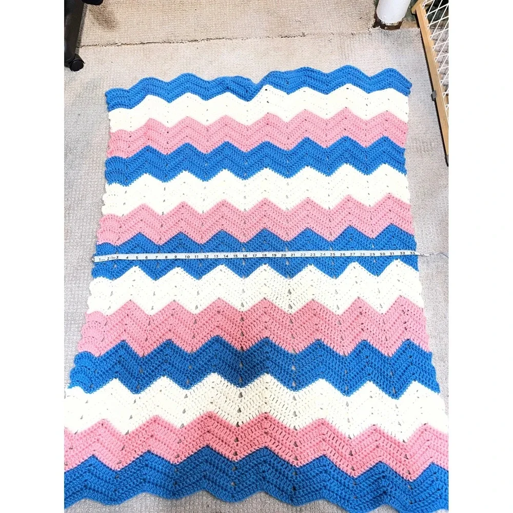 Handmade Crochet Baby Blanket Chevron Ripple Blue Pink White Striped Throw 32x46